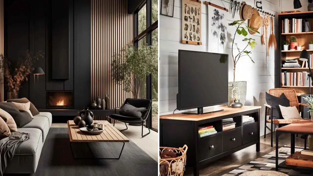 Ambiance chaleureuse avec ce salon noir et bois. Le feu crépite dans la cheminée, le bois apporte de la douceur. Inspiration deco salon noir et bois.
