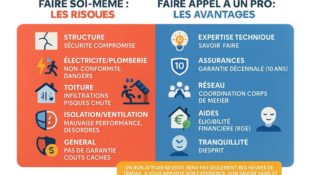 Comparaison des risques du bricolage pour rénover appartement ancien et des avantages de faire appel à un professionnel : expertise, assurances, tranquillité.