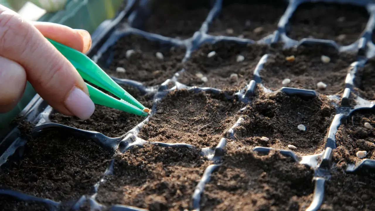 Semis de tomates avec la lune : une main utilise une pince pour placer délicatement une graine dans un terreau, préparant le cycle de vie des futures plantes.