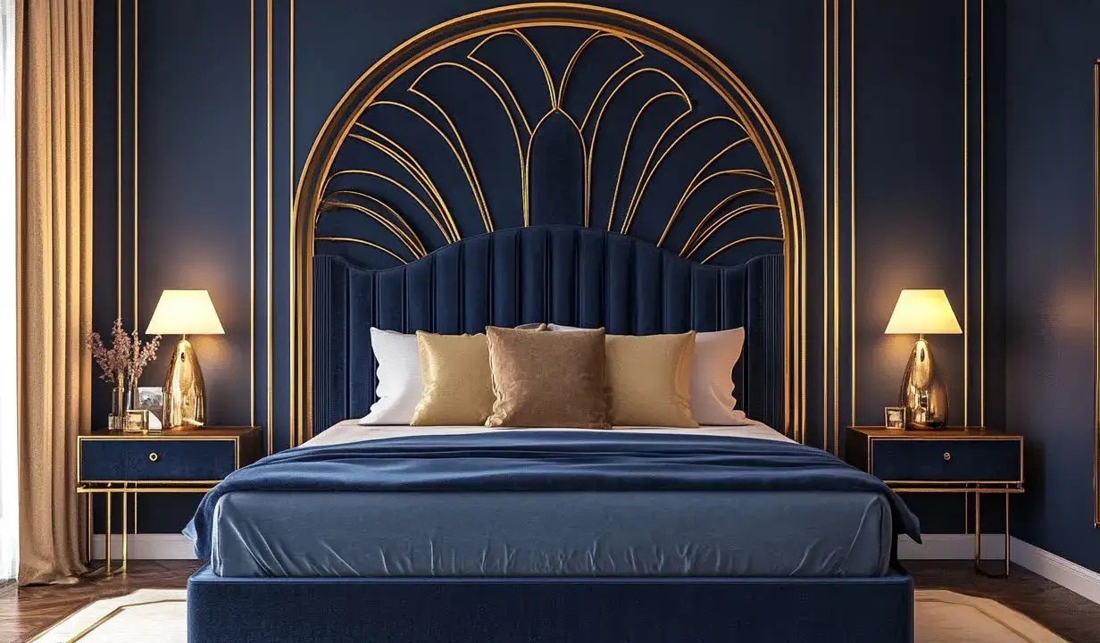 Chambre bleu nuit et doré, avec un lit luxueux, des tables de chevet assorties et un éclairage doux.