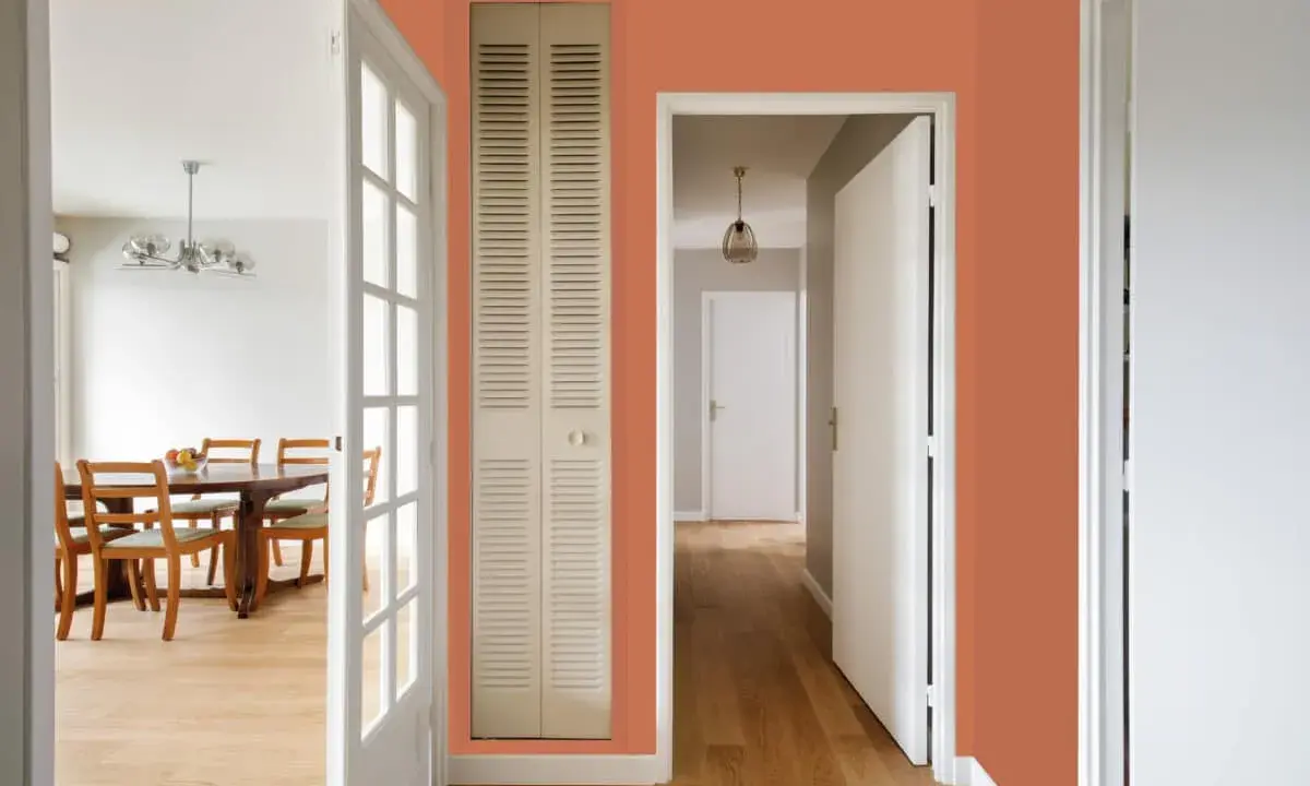 Un couloir aux murs couleur tendance 2026, avec une porte vitrée menant à une salle à manger et une porte de placard intégrée.