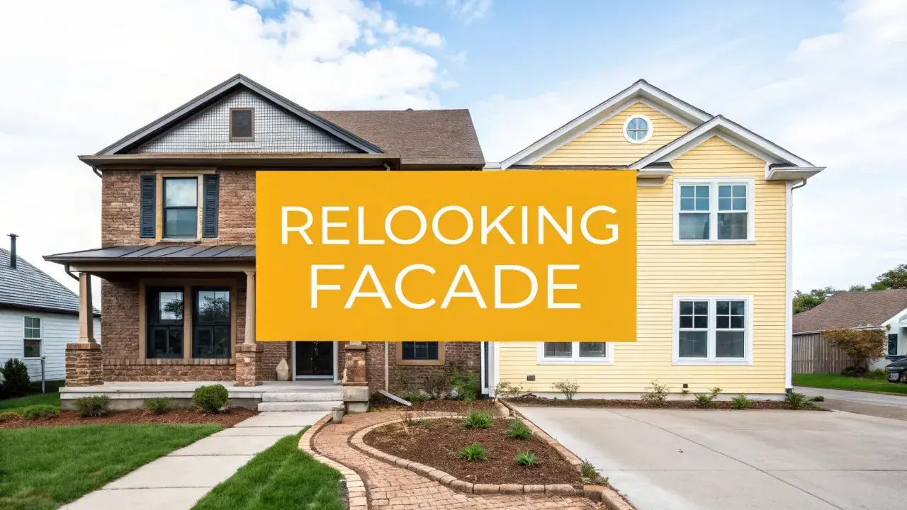 Avant/après d'une rénovation maison : une façade en briques transformée en jaune vif.