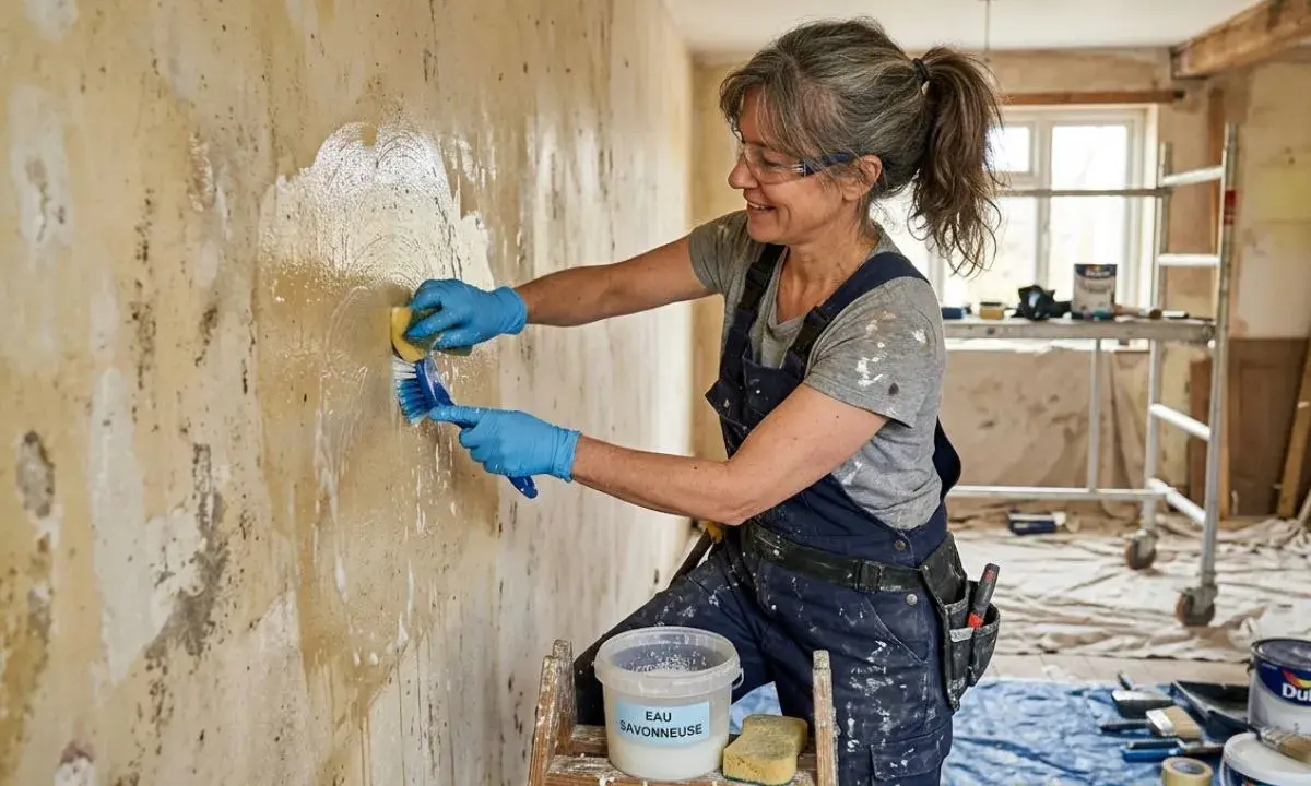 Une femme en salopette bleue, portant des gants bleus et des lunettes, utilise une éponge et une brosse pour lessiver un mur avant de le peindre.
