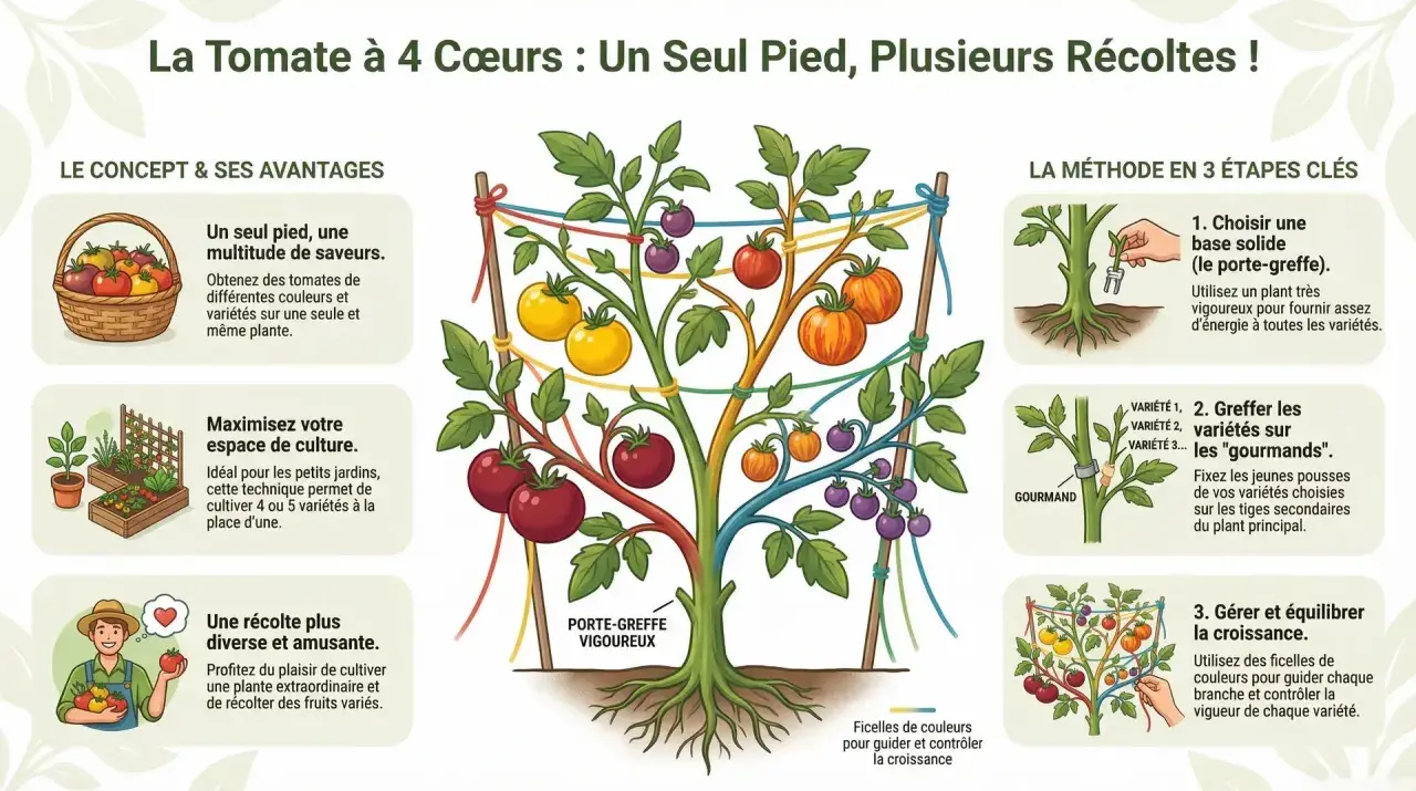 Illustration montrant comment greffer des tomates sur un seul pied pour obtenir plusieurs variétés et couleurs.