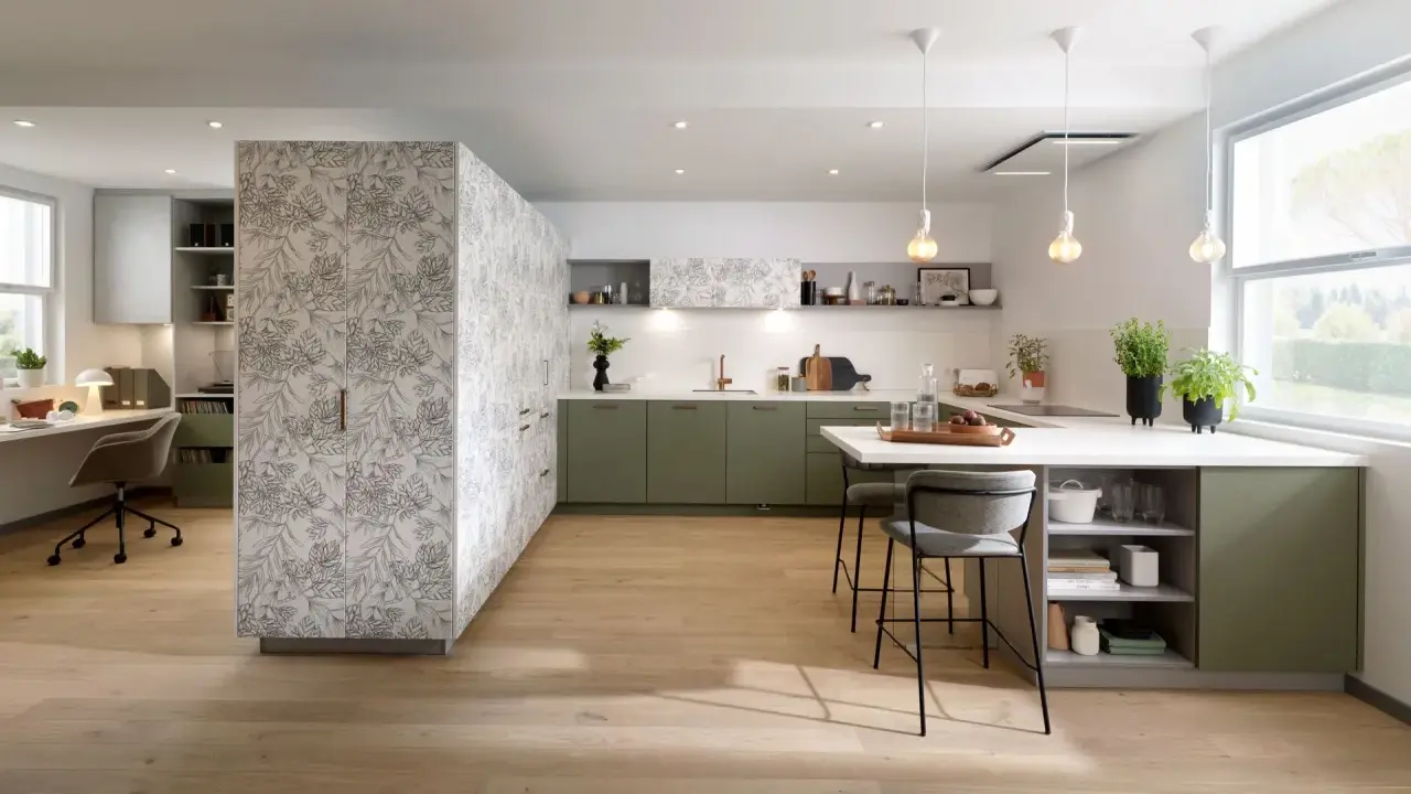 Une cuisine moderne avec des armoires vert sauge et un mur à motifs floraux. La peinture salle à manger 2 couleurs crée un espace chaleureux et invitant.