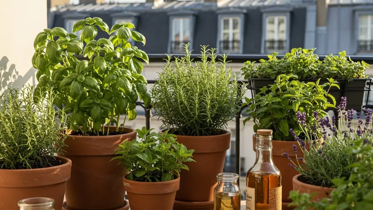 Un balcon parisien avec une belle sélection de plantes aromatiques : basilic, romarin, menthe, lavande. Une liste de plantes à avoir chez soi.