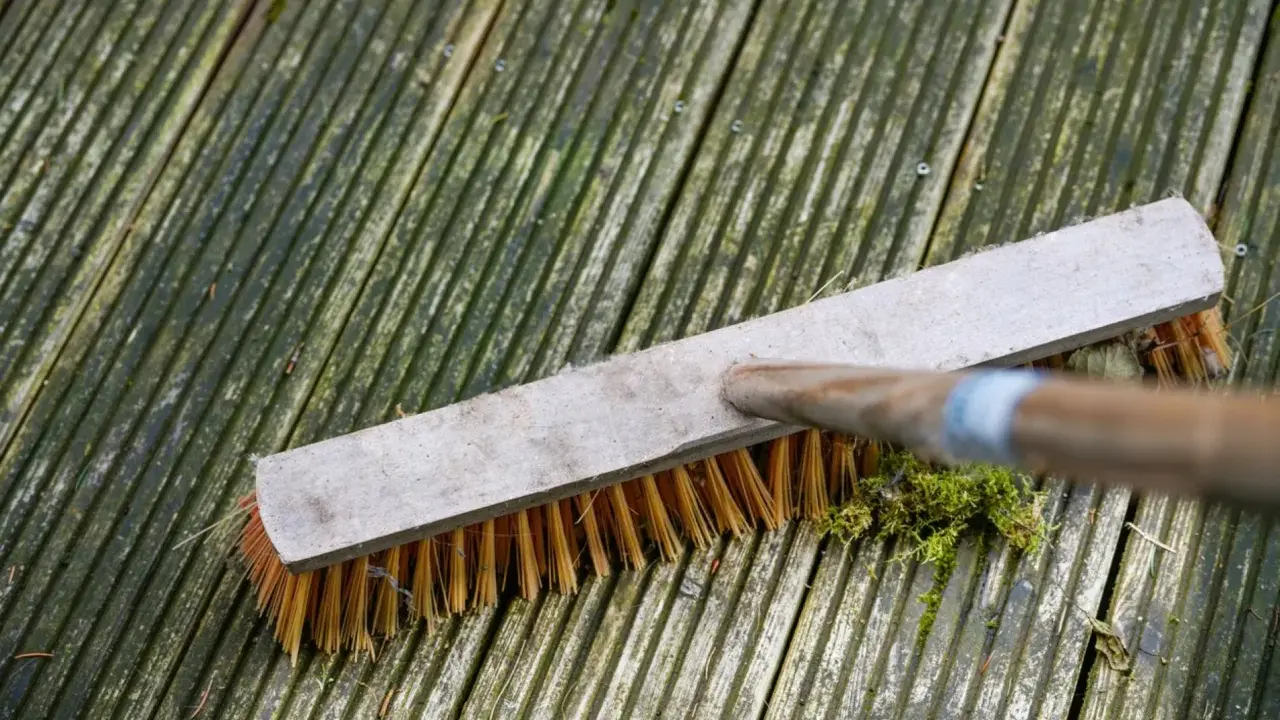 Brosse en action pour nettoyer terrasse bois envahie par la mousse et les débris.