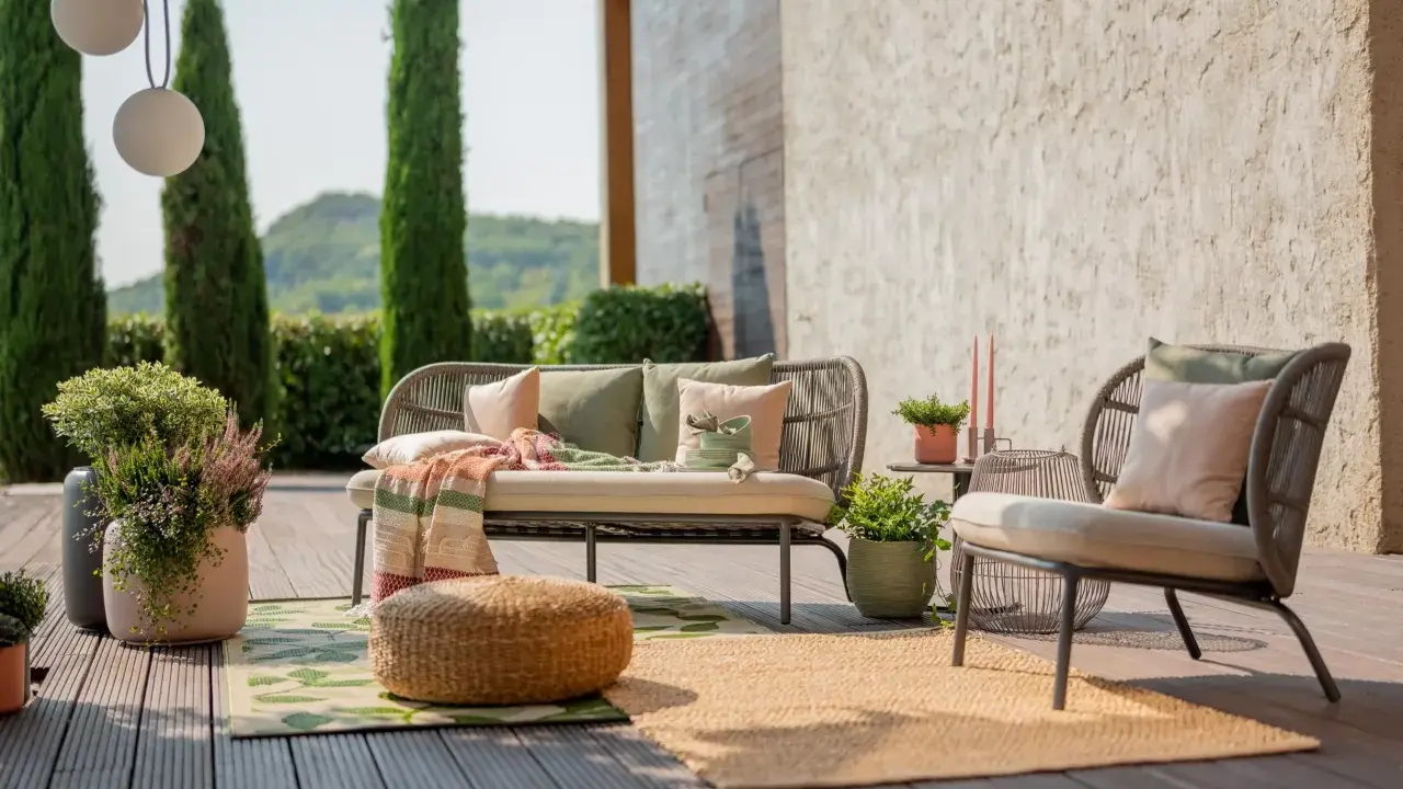 Aménagement terrasse extérieure : un canapé et un fauteuil confortables, des coussins, un plaid coloré, des plantes et des tapis invitent à la détente.