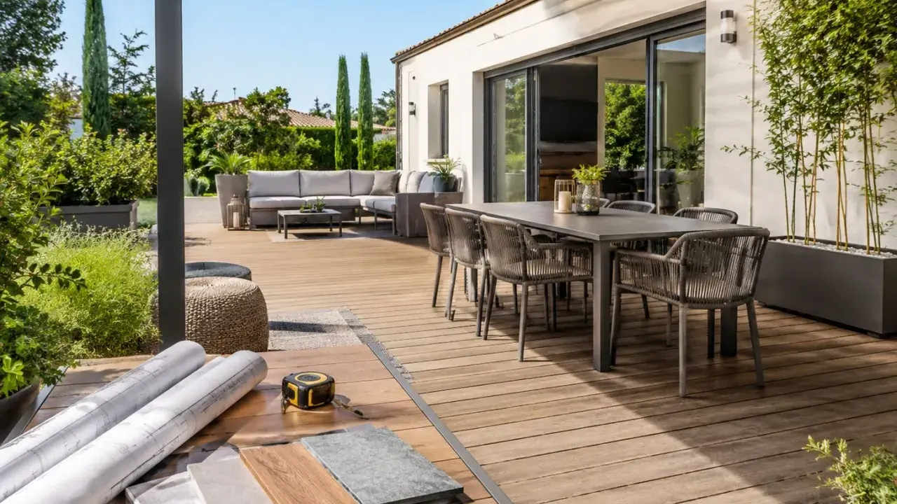 Aménagement d'une **terrasse en L** moderne avec salon extérieur, table à manger et matériaux de construction.