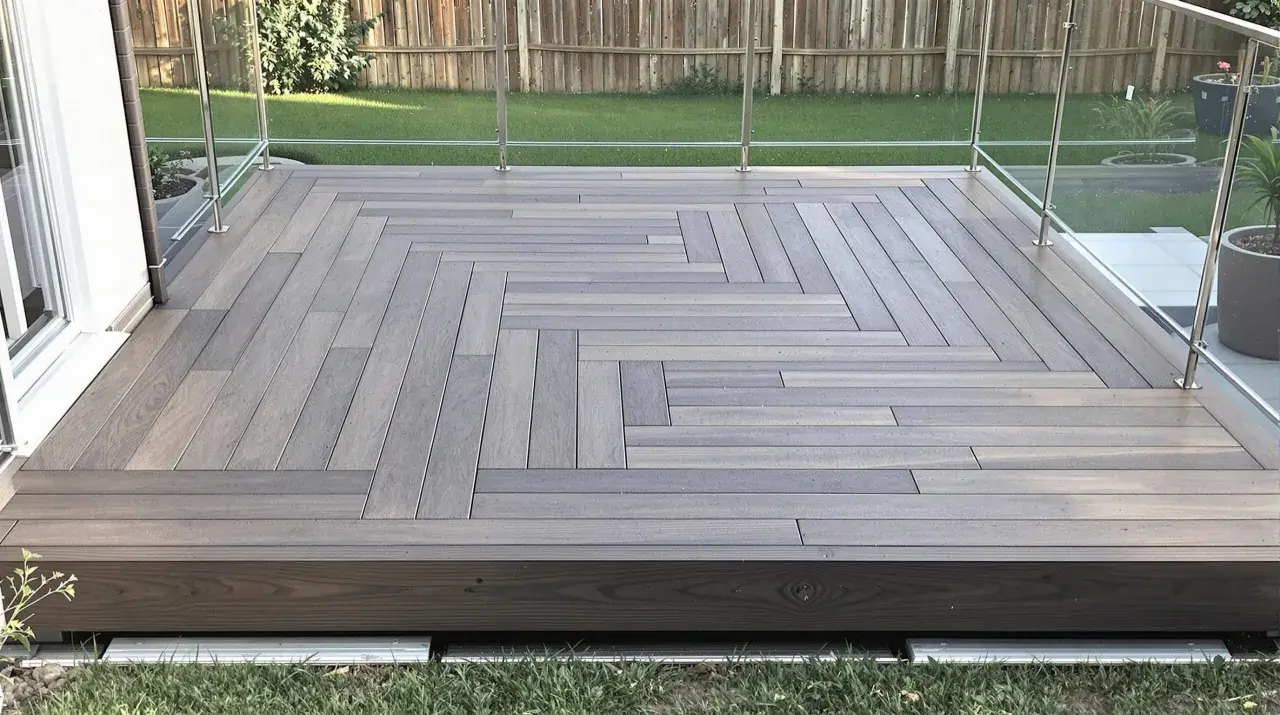 Une belle terrasse bois sur plot béton, avec un motif en chevrons élégant et une balustrade en verre moderne.