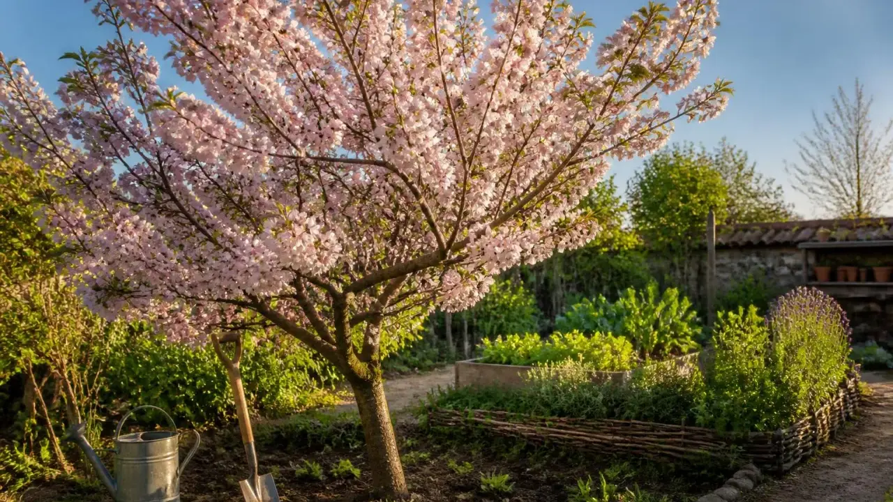 Un magnifique cerisier en fleurs illumine un jardin printanier. Une arrosoir et une pelle sont prêts pour le jardinage.