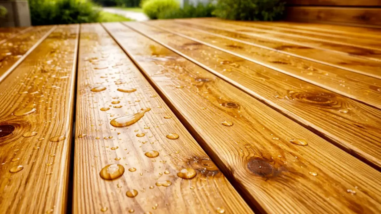 Gouttes d'eau sur une terrasse en bois fraîchement traitée, montrant la protection efficace du bois.