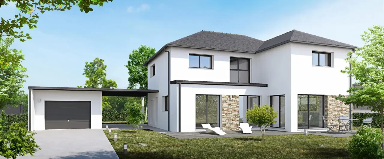Ce type de maison moderne, blanc et épuré, avec garage attenant et jardin verdoyant, invite à la détente.