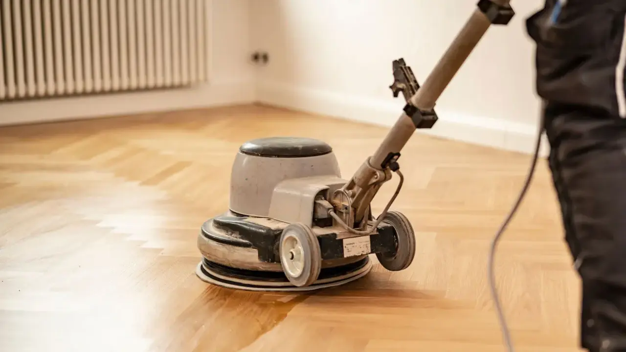 Polissage d'un parquet ancien avec une ponceuse. La rénovation redonne tout son éclat au bois.