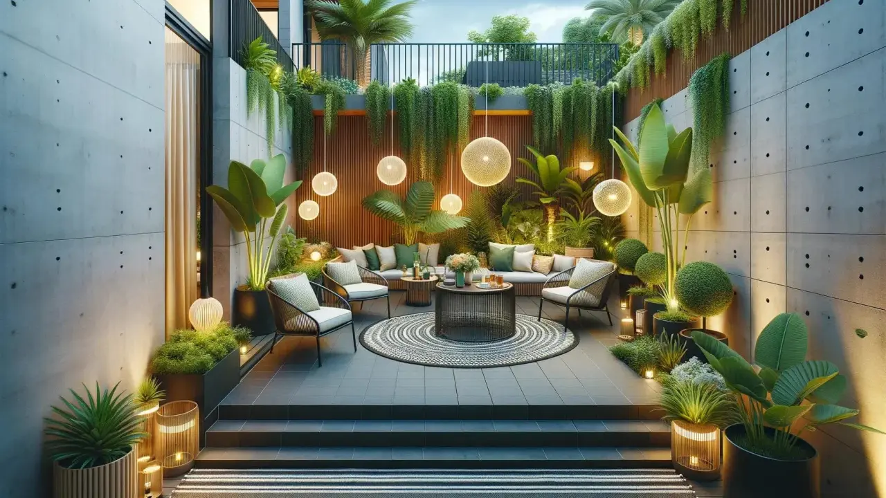 Aménagement d'une terrasse de 30m2 luxuriante avec mobilier confortable, éclairage d'ambiance et végétation tropicale.