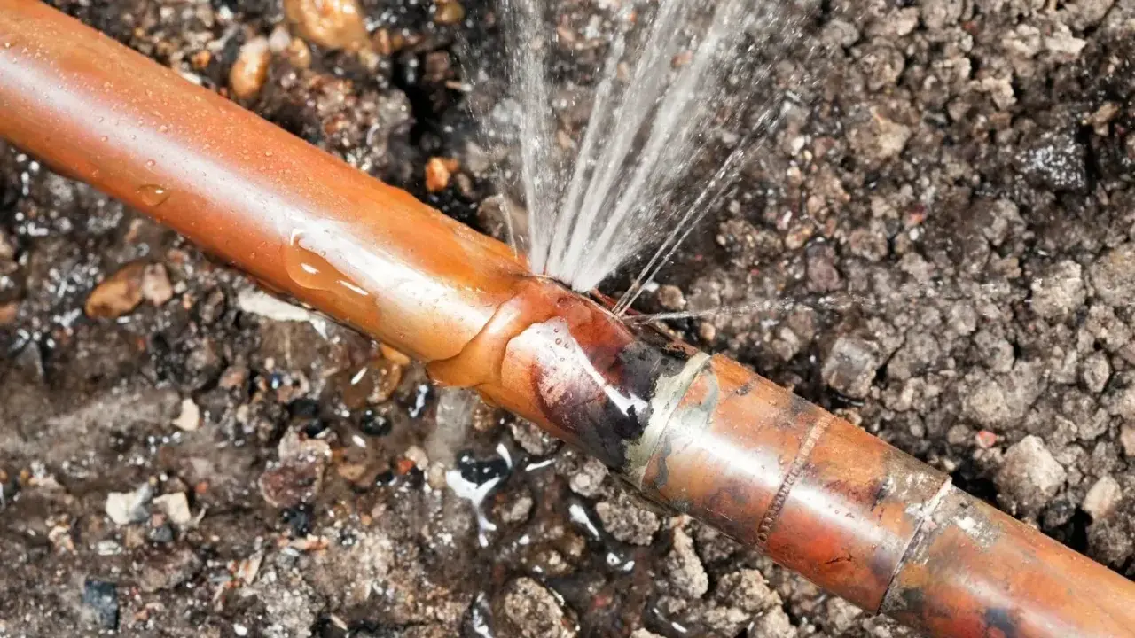 Une fuite sur un tuyau de cuivre, l'eau jaillit d'une fissure dans le sol.