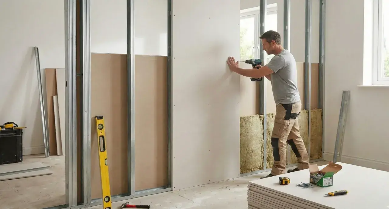 Un homme visse une plaque de placo sur une structure métallique. Des outils et des matériaux de construction sont visibles.