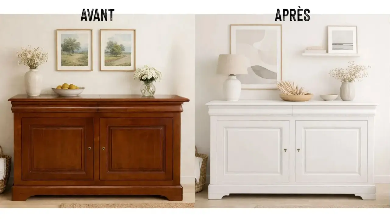 Avant/après : un meuble en bois verni transformé en blanc pour un relooking complet.