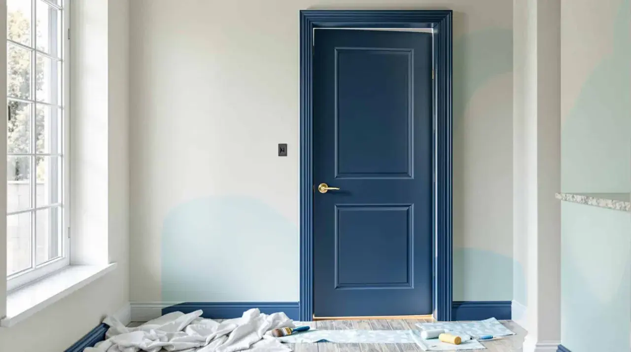 Peinture porte intérieure bleu marine, avec des touches de bleu clair sur le mur. Des rouleaux et pinceaux sont au sol, prêts pour la prochaine étape.