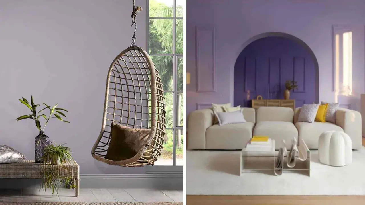 Un fauteuil suspendu en rotin et un salon moderne aux murs couleur parme clair.