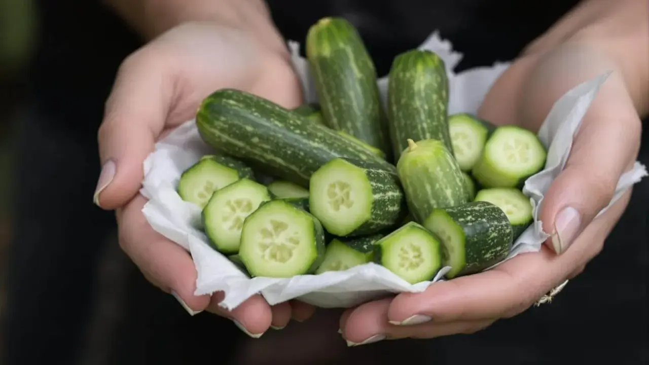 Mains tenant une coupe de petites courgettes entières et tranchées, prêtes à pincer les courgettes pour une salade fraîche.