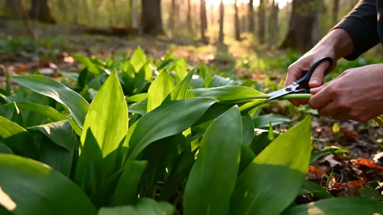 Mains coupant des feuilles d'ail des ours dans une forêt ensoleillée, pour conserver cette herbe sauvage.