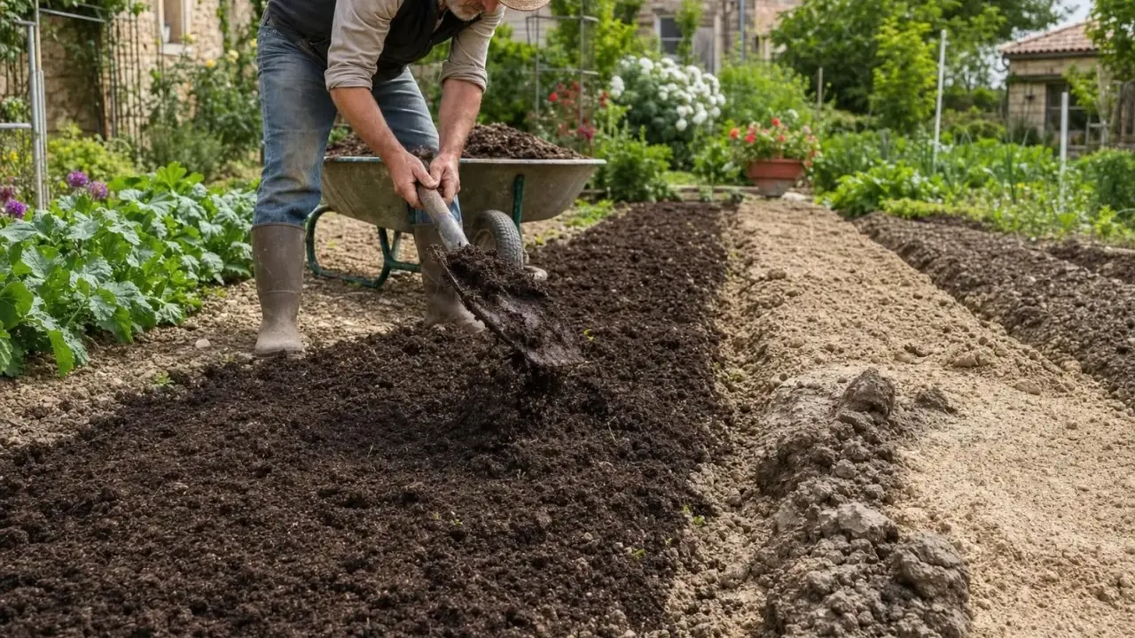 Un jardinier expérimenté enrichit la terre, montrant quand mettre du fumier dans le jardin pour des récoltes abondantes.