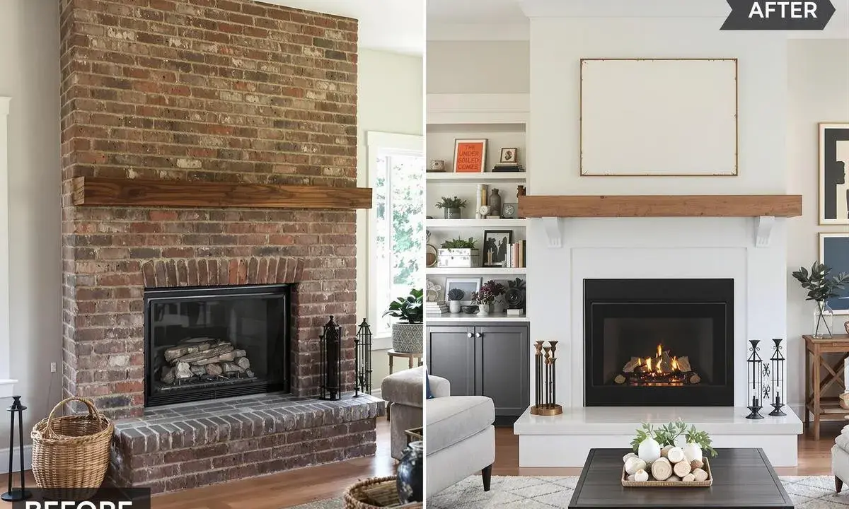 Avant/après d'une rénovation cheminée : d'une imposante structure en briques rouges à une cheminée blanche épurée, modernisée avec une étagère en bois.