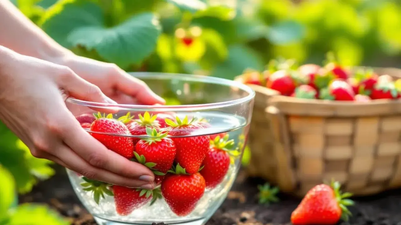 Mains mains plongent dans un bol d'eau pour rincer des fraises fraîchement cueillies. Un panier rempli de fraises est visible en arrière-plan.