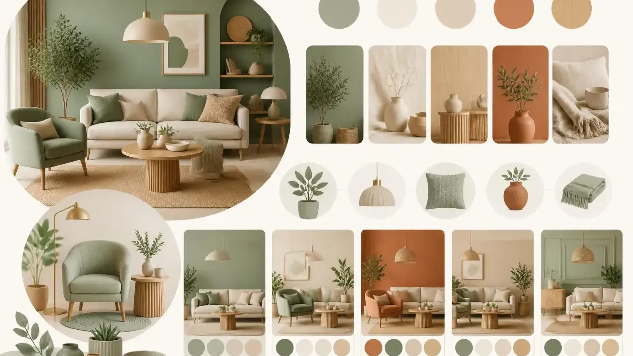 Inspiration déco salon avec un nuancier vert sauge. Ambiance douce et naturelle avec canapés, fauteuils, plantes et accessoires.