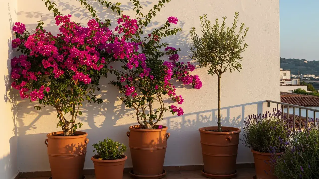 Magnifique idee jardiniere terrasse : bougainvilliers roses éclatants, olivier élégant et lavande parfumée dans des pots en terre cuite.