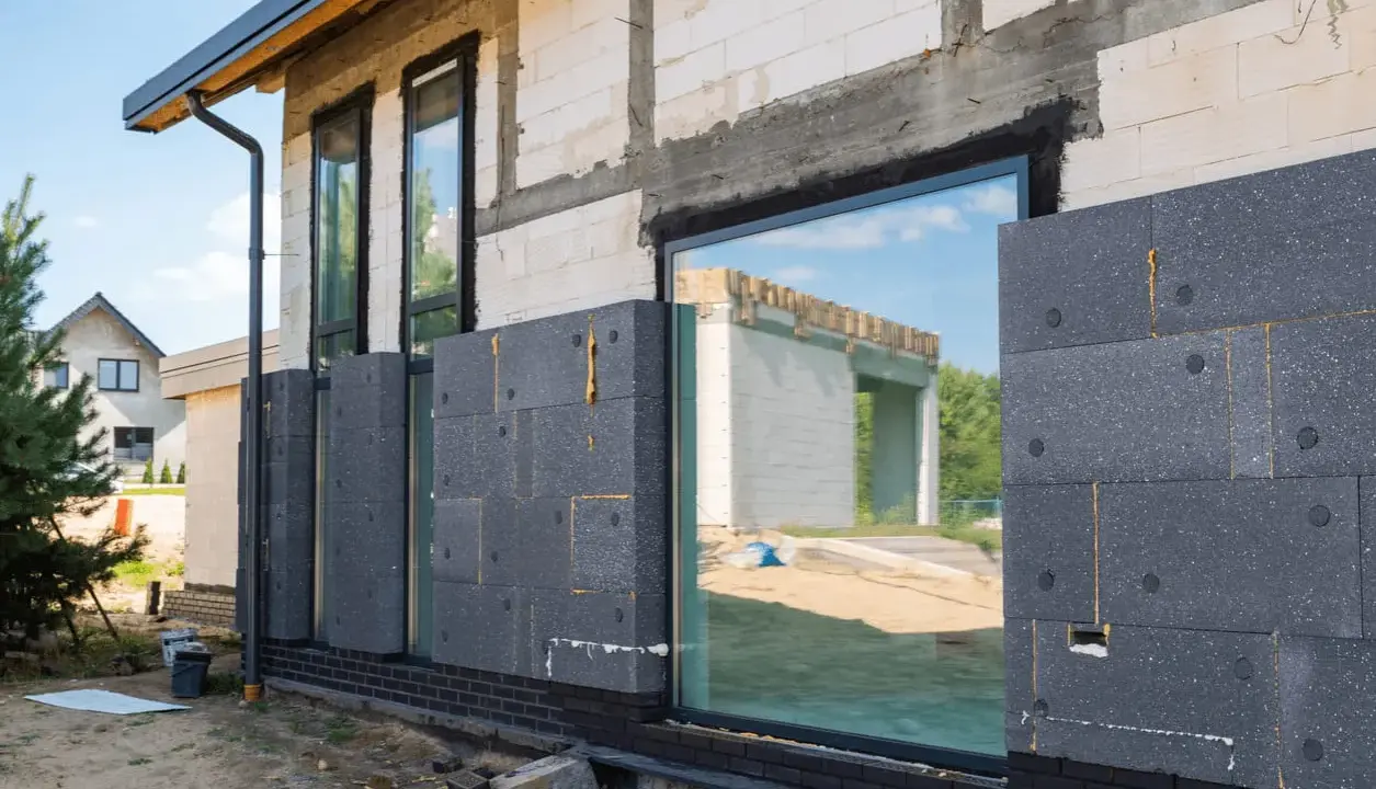 Panneaux de polystyrène gris fixés sur un mur de blocs de béton pour l'isolation par l'extérieur d'une maison en construction.