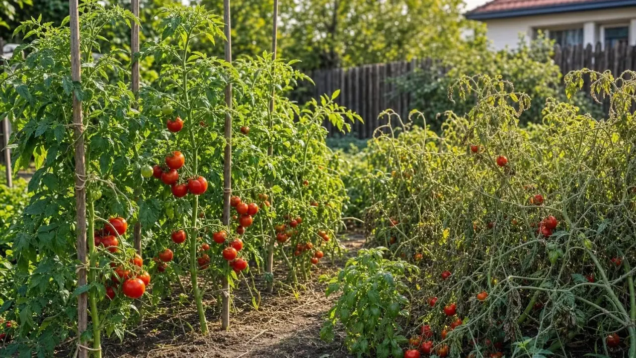Un potager ensoleillé avec des plants de tomates bien espacés, chargés de fruits rouges. L'espacement pied de tomate permet une belle récolte.