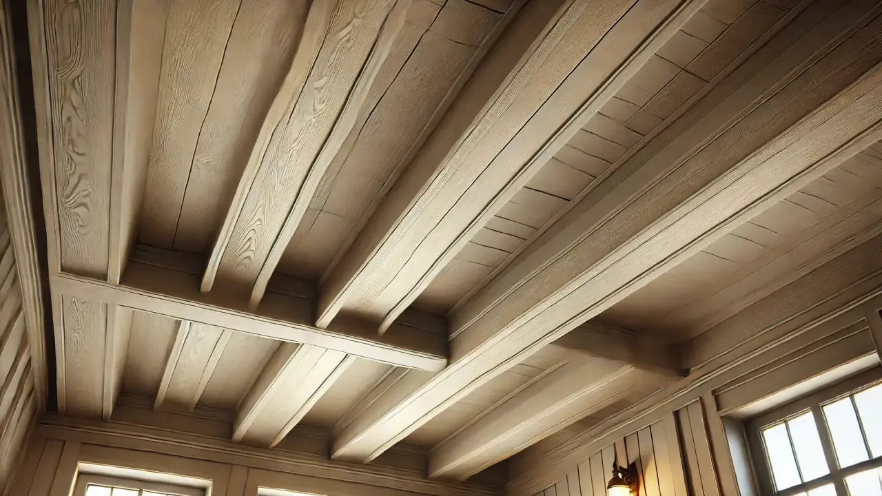 Plafond en bois avec poutres peintes couleur lin, créant une ambiance chaleureuse et rustique.