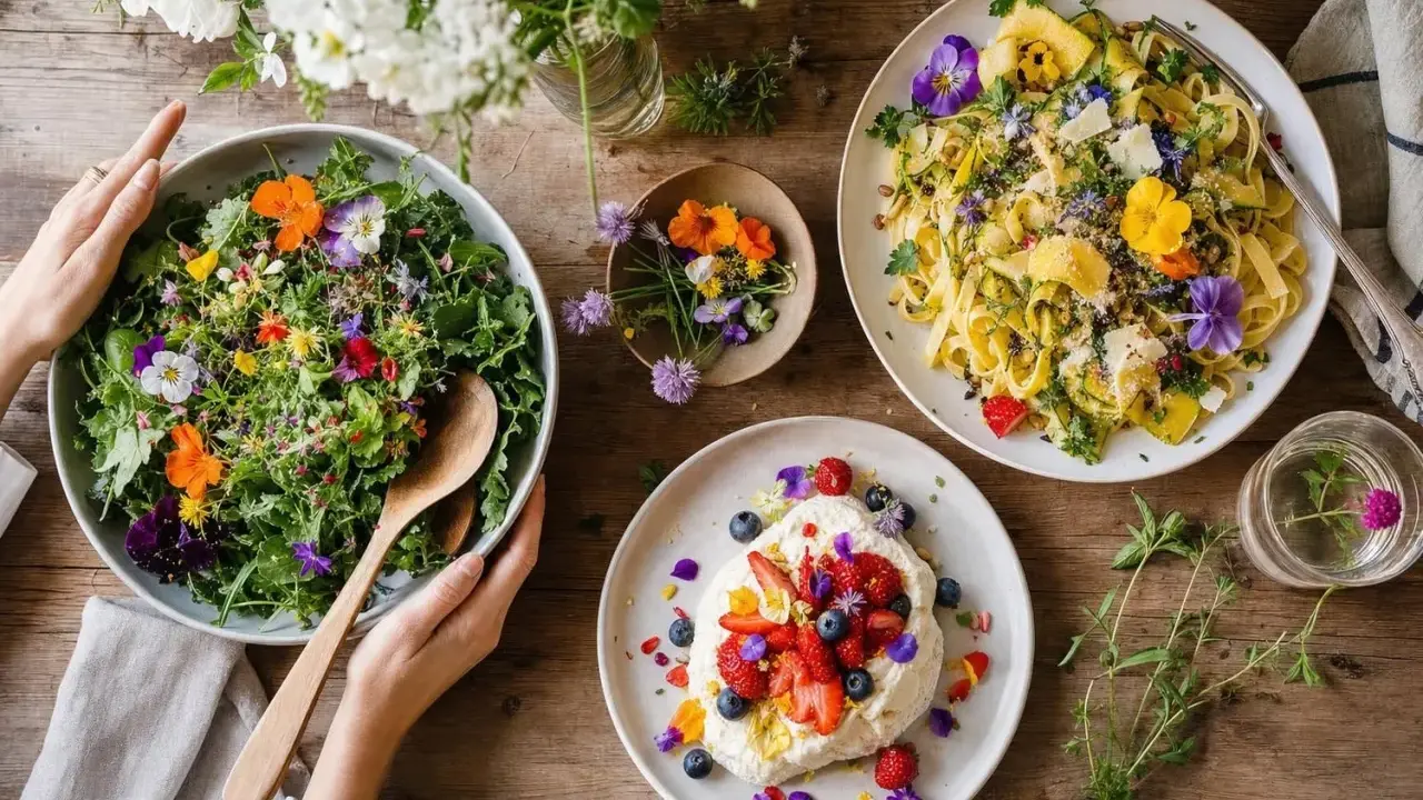 Salade colorée, pâtes et dessert ornés de fleurs comestibles, une invitation à déguster la nature.