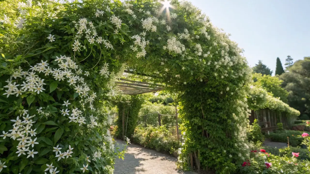 Un tunnel végétal luxuriant, orné de jasmin étoilé, crée un brise-vue naturel. Le soleil filtre à travers les fleurs blanches, illuminant un chemin pavé.