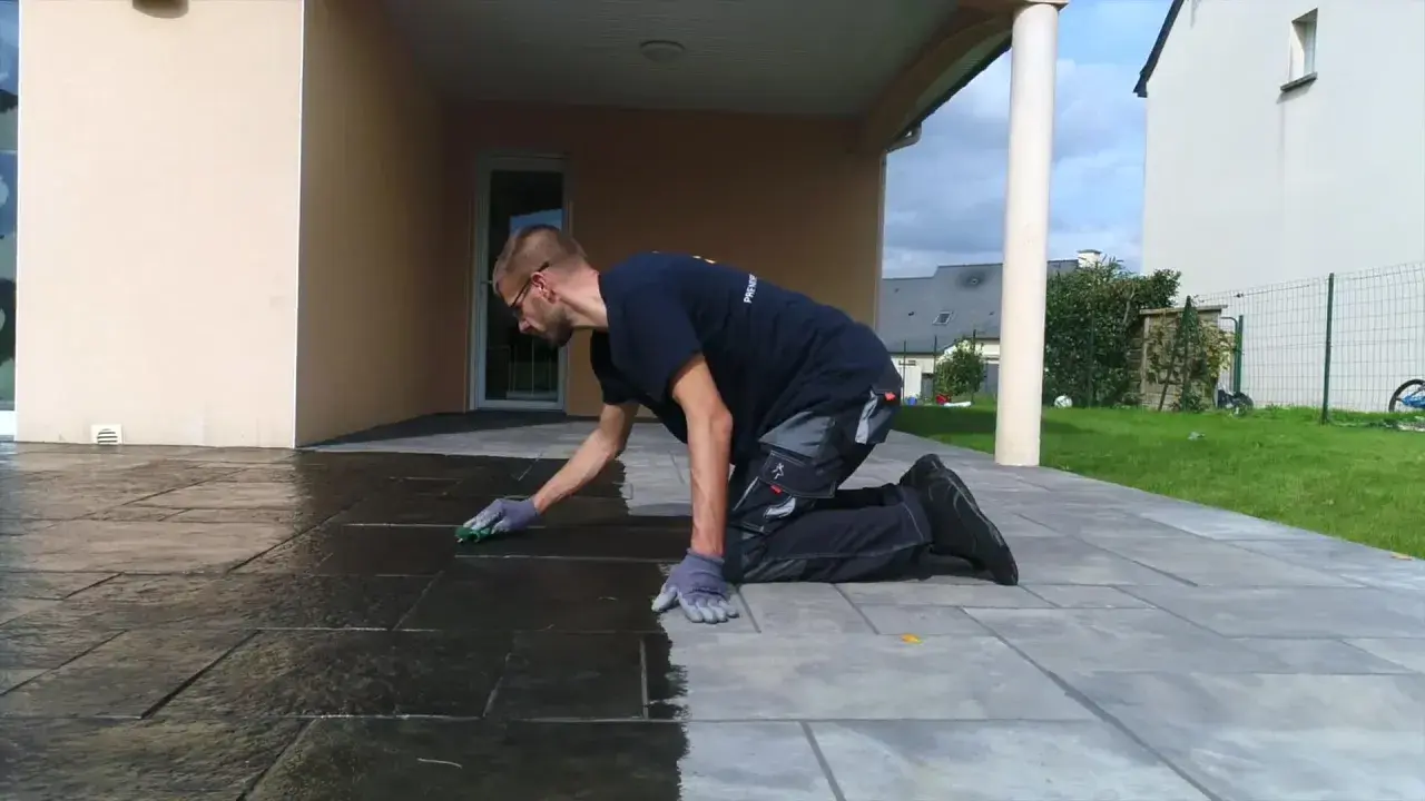 Un homme agenouillé effectue le nettoyage de dalles de terrasse avec une éponge verte, redonnant leur éclat à la pierre.
