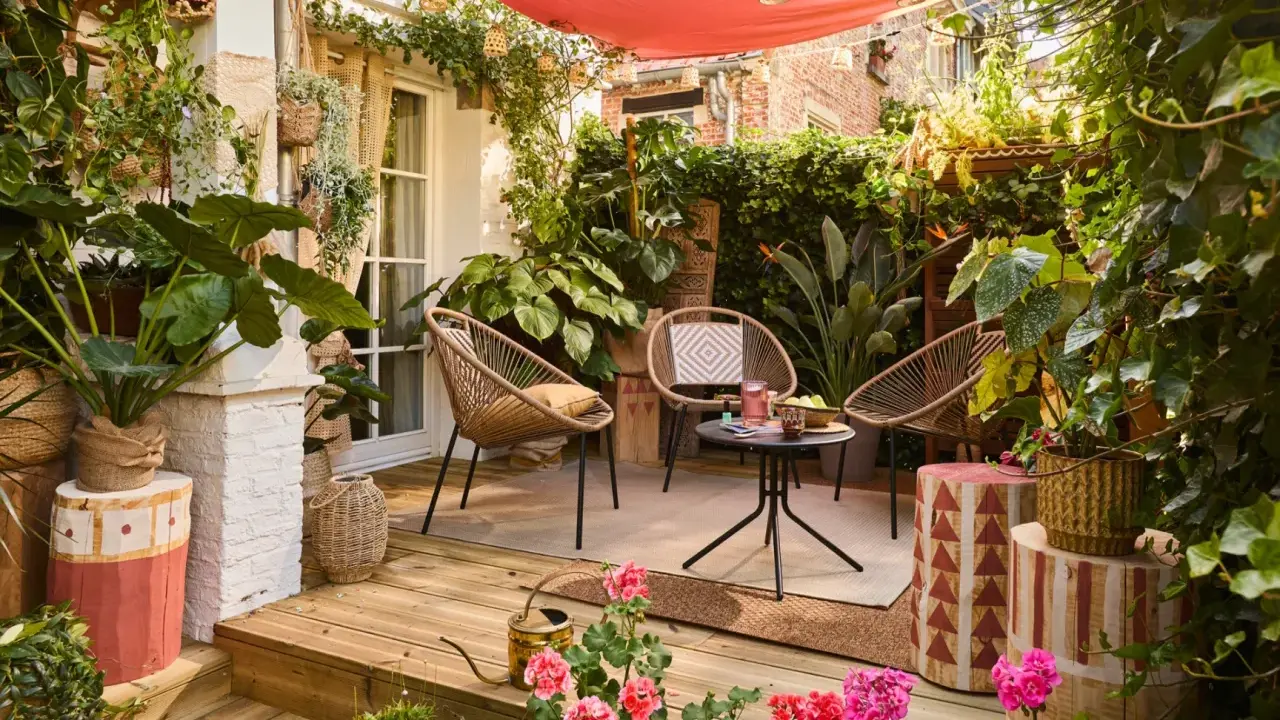 Aménager une petite terrasse sans se ruiner : trois fauteuils en rotin, une table basse, des plantes luxuriantes et une toile rouge créent un coin cosy et abordable.