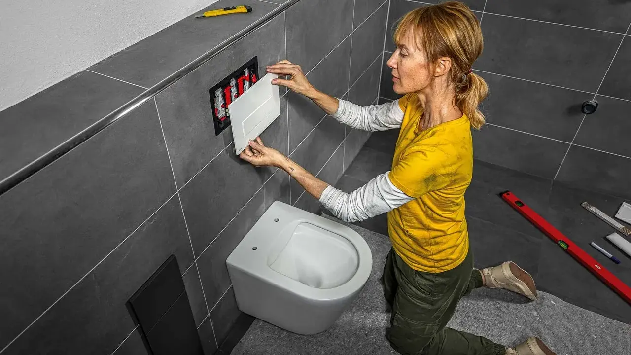 Une femme installe une plaque de commande pour changer la chasse d'eau d'une nouvelle cuvette de toilette suspendue.