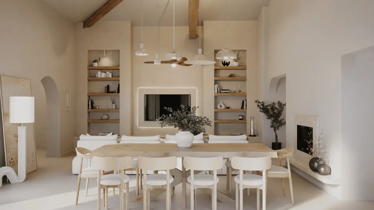 Un salon scandinave moderne aux tons clairs, avec une grande table en bois, des chaises épurées, des étagères murales et une cheminée.