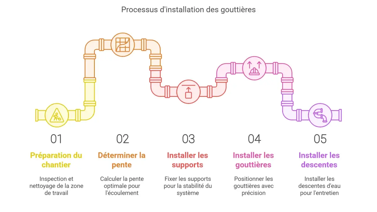 Processus d'installation des gouttières : préparation, détermination de la pente, installation des supports, pose de gouttière et descentes.