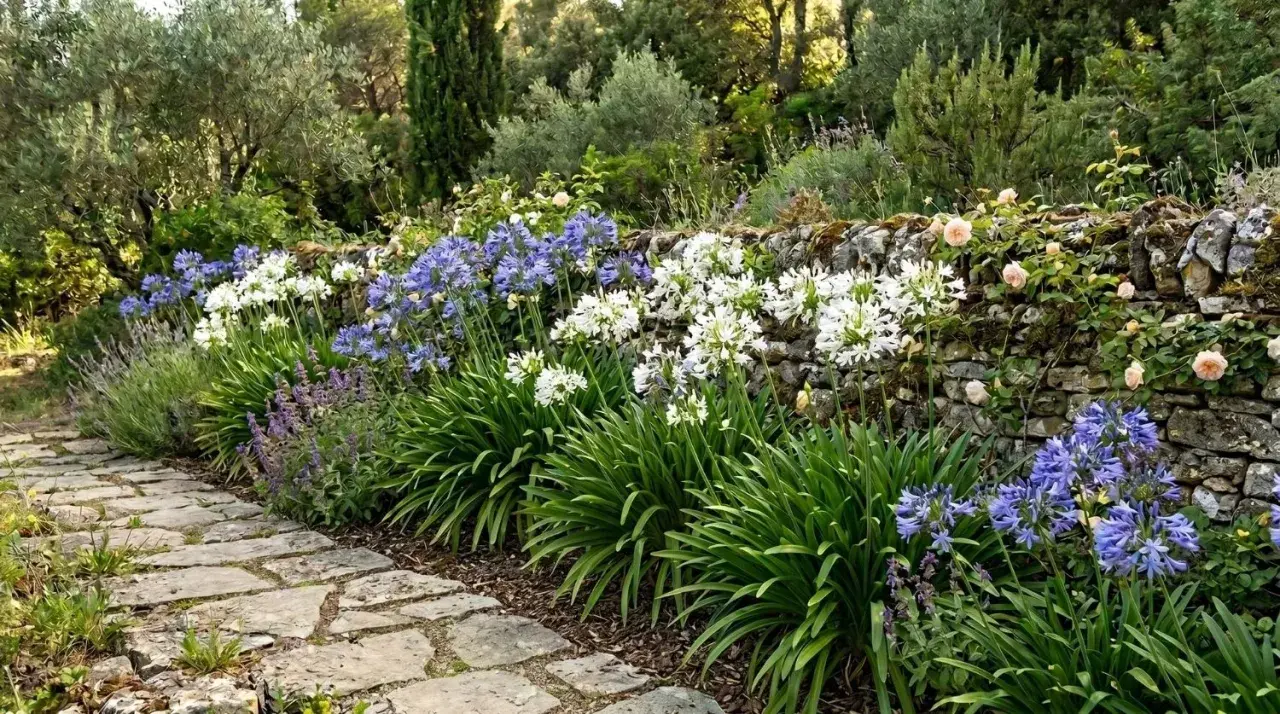 Un chemin de pierres mène à un mur de pierre fleuri de roses et d'agapanthes bleues et blanches. Le moment idéal quand diviser les agapanthes.