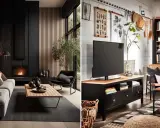 Ambiance chaleureuse avec ce salon noir et bois. Le feu crépite dans la cheminée, le bois apporte de la douceur. Inspiration deco salon noir et bois.
