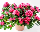 Un pot d'azalée de jardin débordant de fleurs roses vives et de feuilles vertes luxuriantes.