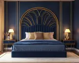 Chambre bleu nuit et doré, avec un lit luxueux, des tables de chevet assorties et un éclairage doux.