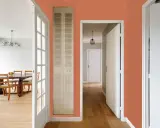 Un couloir aux murs couleur tendance 2026, avec une porte vitrée menant à une salle à manger et une porte de placard intégrée.