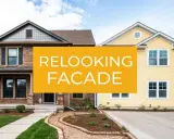 Avant/après d'une rénovation maison : une façade en briques transformée en jaune vif.