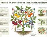 Illustration montrant comment greffer des tomates sur un seul pied pour obtenir plusieurs variétés et couleurs.