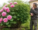 Un homme observe la taille d'une pivoine arbustive aux fleurs roses éclatantes, un jardinier pensif.