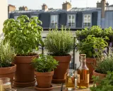 Un balcon parisien avec une belle sélection de plantes aromatiques : basilic, romarin, menthe, lavande. Une liste de plantes à avoir chez soi.
